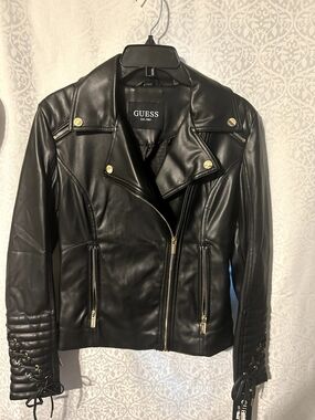 GUESS Black Faux Leather Moto Jacket with Gold Hardware
